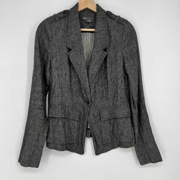 Vince Linen Blend Jacket Womens Size 6 Gray One Button Notch Lapel Collar Blazer - Picture 1 of 11